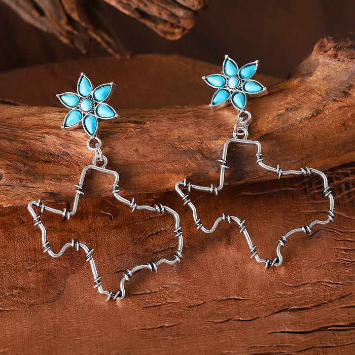 Wholesale Western style distressed Texas flower turquoise inlaid earrings ethnic style earrings