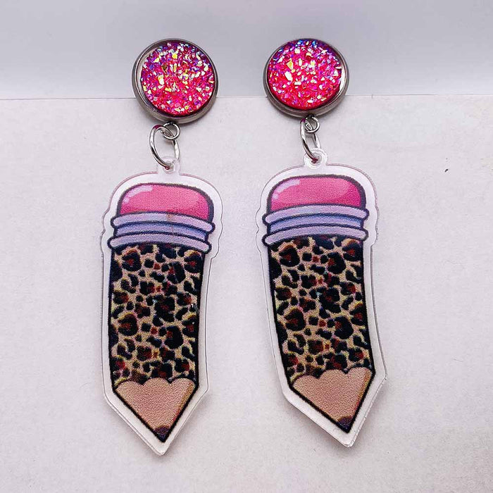 Wholesale Teacher's Day Leopard Print Pencil Acrylic Earrings JDC-ES-Chengy040