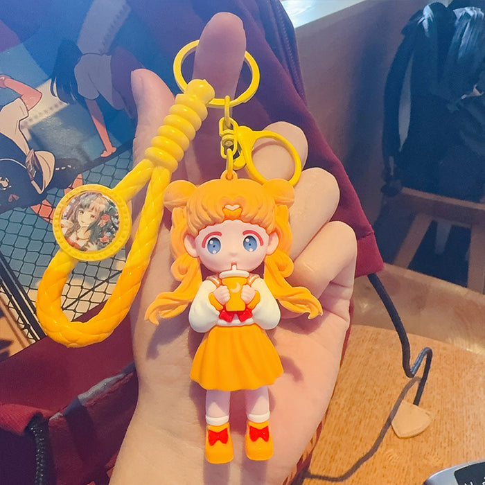 Wholesale Cute Cartoon Girl Drinking Milk Tea PVC Keychains