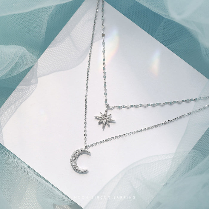 Wholesale Chain silver Flash Diamond Star Moon Double Layer Necklace