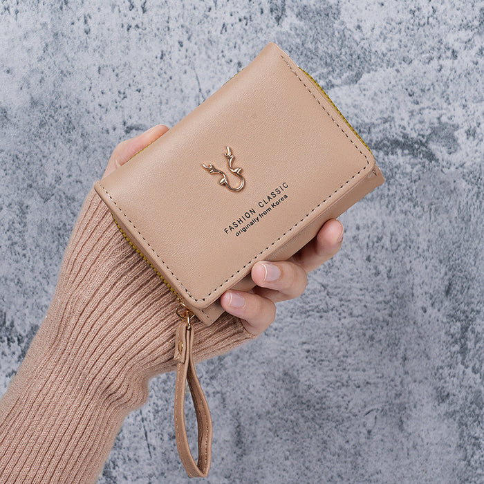 Wholesale PU Trifold Wallet for Women - Khaki Zipper Card Holder Coin Purse Fashion Accessory MOQ≥3