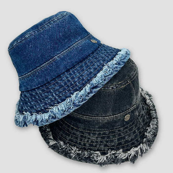 Wholesale Fashionable fringed denim hat, washed and worn fisherman hat, sun shading hat, sun protection versatile hiking hat