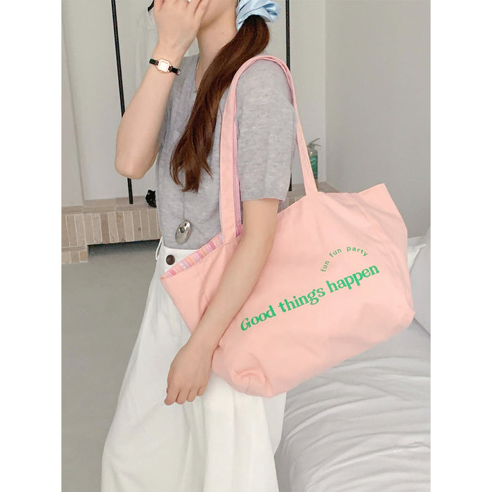 Wholesale New tote bag with striped contrasting double-sided bag, large capacity canvas bag for class commuting