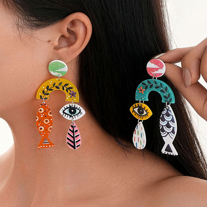 Wholesale environmentally friendly acrylic earrings personality fish eyes leaf printing vintage earrings