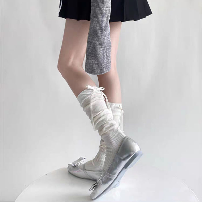 Wholesale Ballet style bow socks with stripes, mid tube pile socks, long tube socks