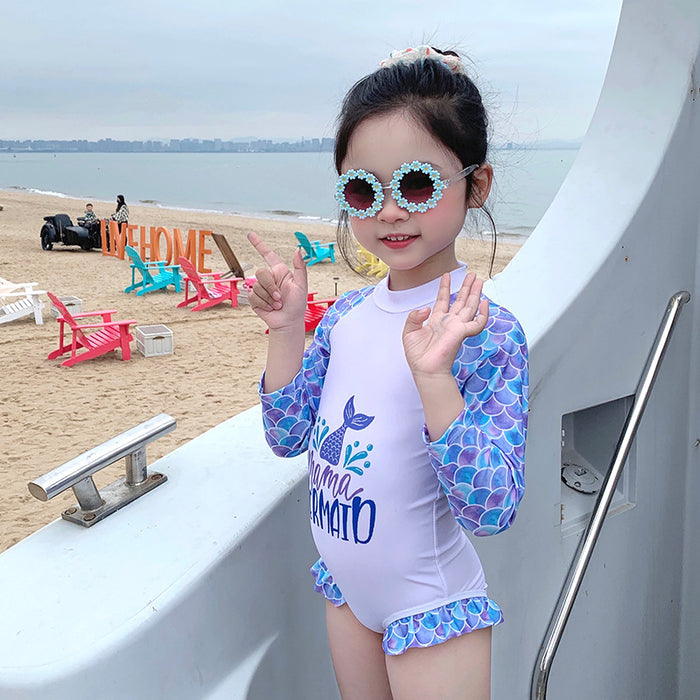 Wholesale New girls' swimsuit cute fish tail one-piece sunscreen long sleeved children's baby breathable quick drying swimsuit