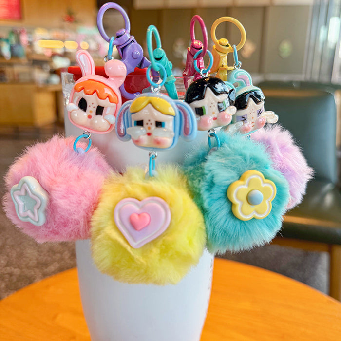 Wholesale Cartoon soft cute fur ball little girl keychain creative cute little flower fur ball couple bag gift pendant