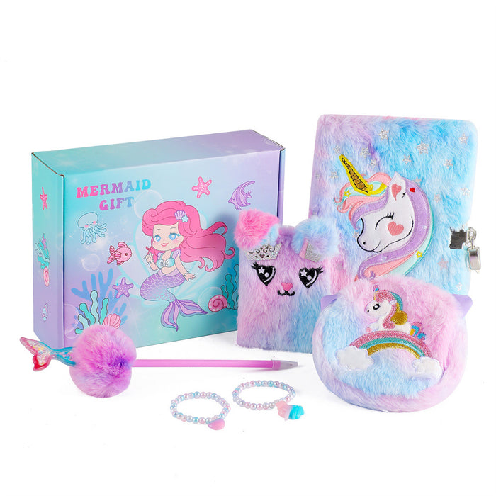 Wholesale Mermaid Tail Plush Notebook Set with Diary Bracelet and Handbag Gift Box