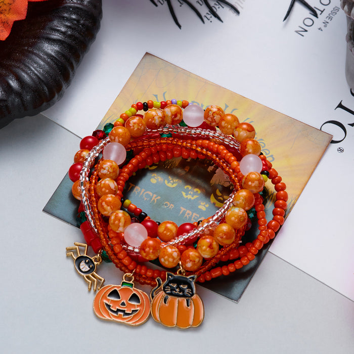 Wholesale Alloy Bracelet Set - 7pcs Funny Pumpkin Bat Beaded Bracelets
