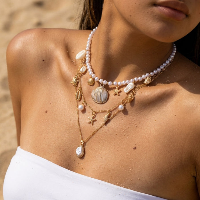 Wholesale Zinc Alloy Beaded Shell Pearl Necklace Ocean Style Layering Jewelry