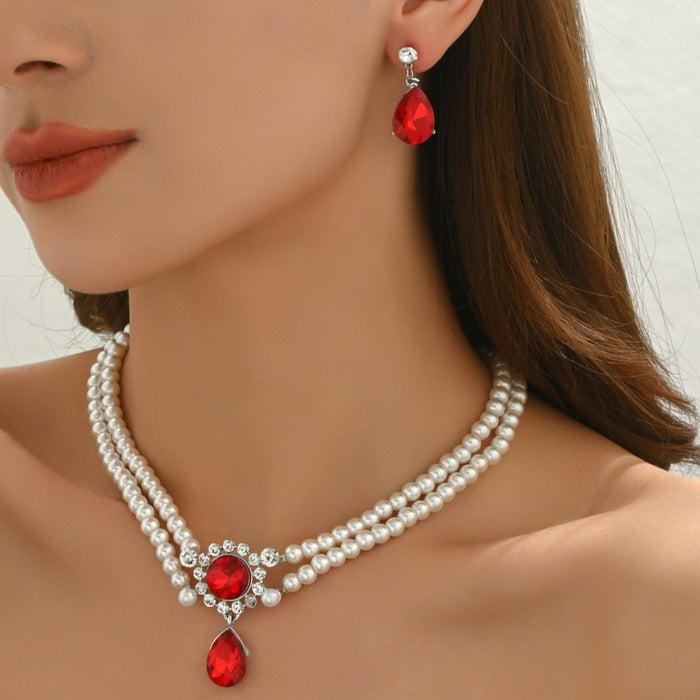 Wholesale Alloy Pearl Rhinestone Bridal Jewelry Set - 2 Piece Necklace Earrings MOQ≥2