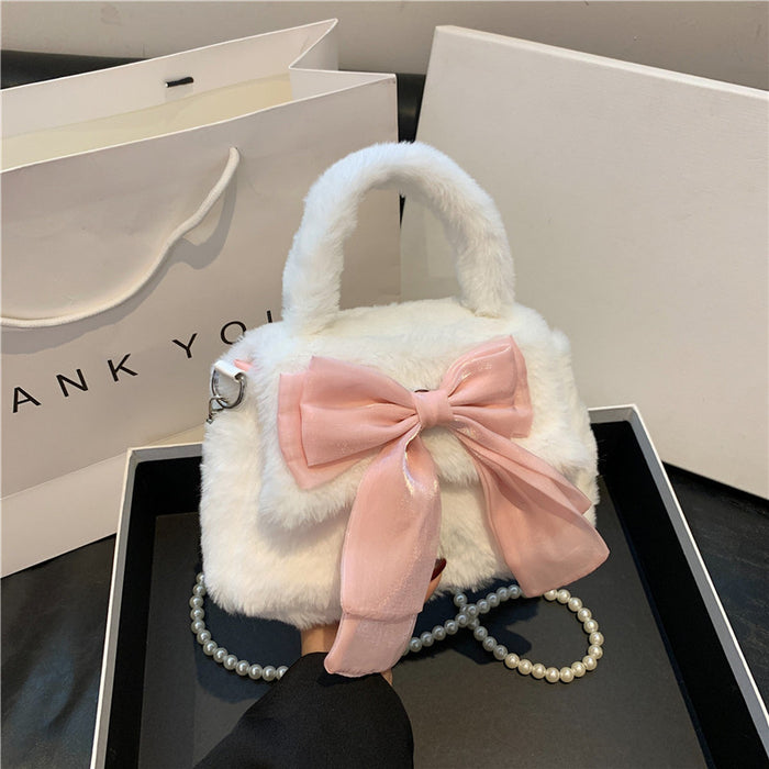 Wholesale Cute Bow New Plush Bag Commuting Plush Plush Pearl Handheld Single Shoulder Crossbody Bag