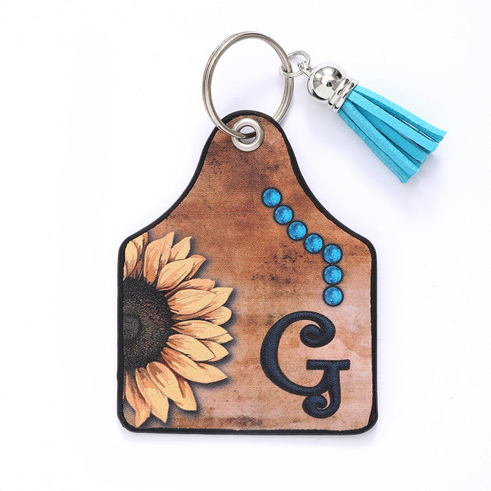 Wholesale Leather Sunflower Letter Tassel Keychain Pendant