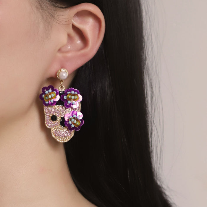 Wholesale Halloween Zinc Alloy Inlaid Zircon with Sequins Flower Skull Earrings JDC-ES-YueLi020