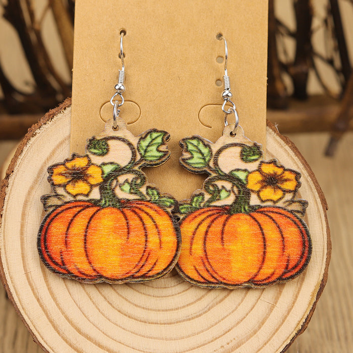 Wholesale Autumn Thanksgiving Christmas Holly Harvest Pumpkin Car Maple Leaf Women' s Wooden Earrings