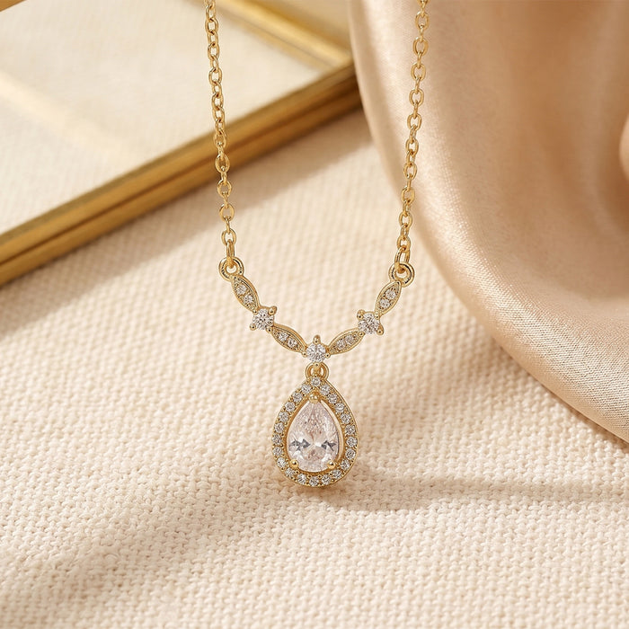 Wholesale Titanium Steel Gold Plated Teardrop Pendant Necklace with Red Cubic Zirconia MOQ≥2