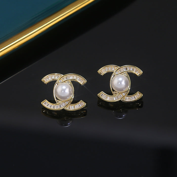Wholesale Double C Zircon Pearl Earrings Elegant Earrings