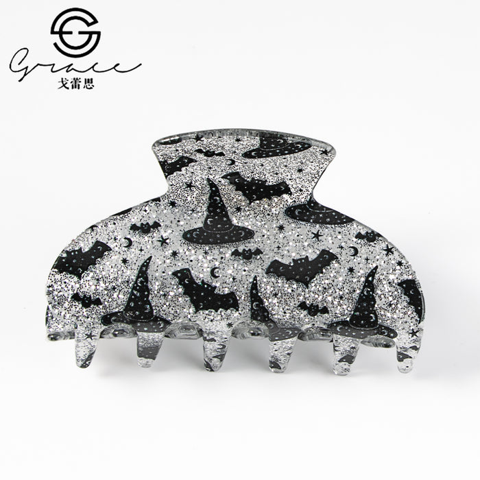 Wholesale Acrylic Claw Hair Clip With Bat Pumpkin Ghost Print Women S Fashion Accessory