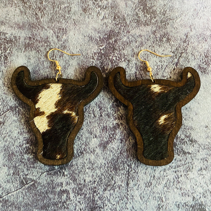 Wholesale Retro genuine leather earrings Western cow head leopard print horse hair inlaid wooden earrings