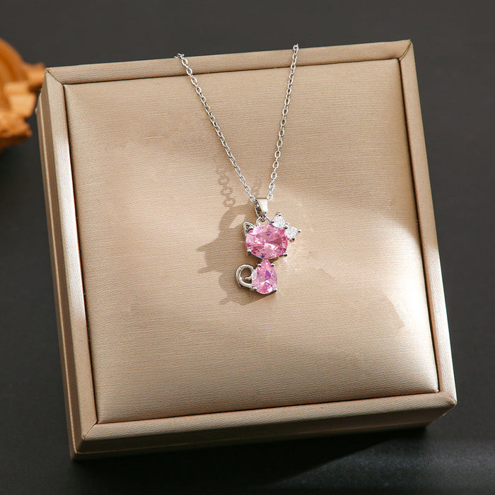 Wholesale Pink zircon silver titanium steel necklace