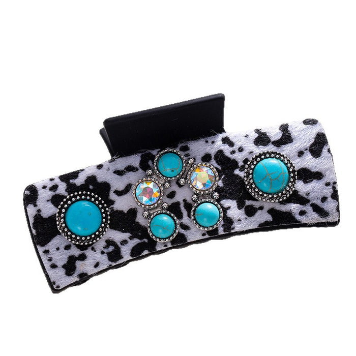 Wholesale Bohemian turquoise grab clip high-end female retro leopard print sequined leather ethnic style back of the head shark clip
