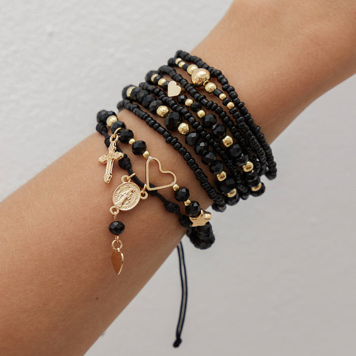 Wholesale Creative crystal bead pearl bracelet, metal hang tag, stacked elastic bracelet