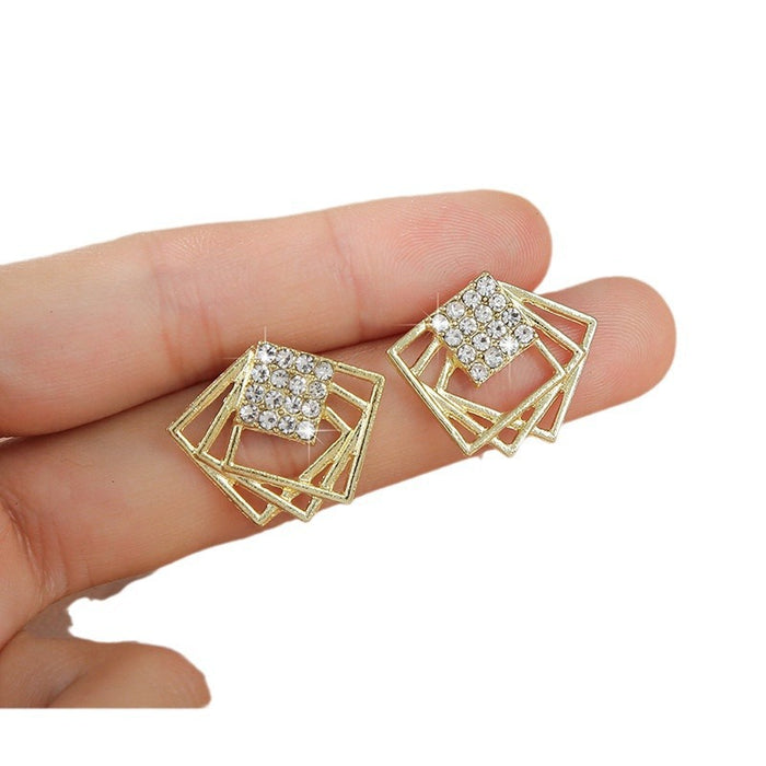 Wholesale Geometric block studded diamond earrings, simple, fashionable, personalized, versatile earrings and accessories