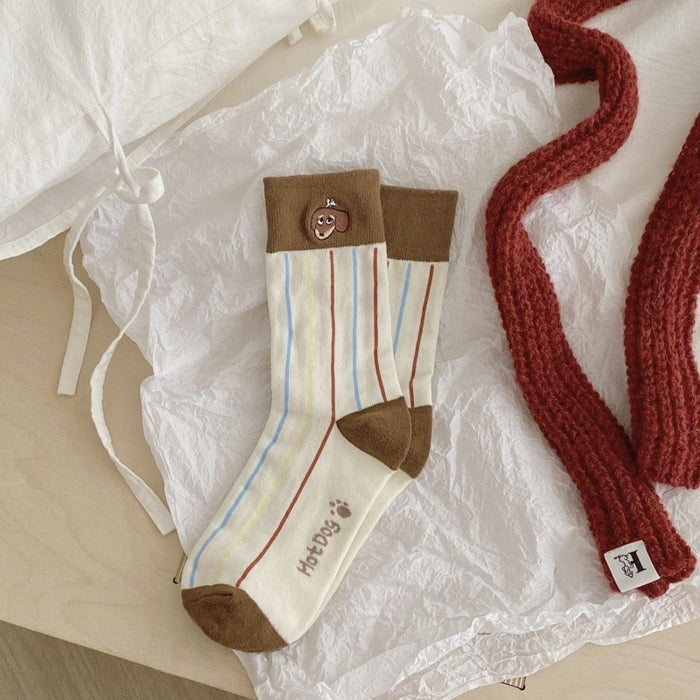 Wholesale Small dog embroidery, tube socks with folded edges, vertical stripes, stacked socks, cute and niche socks for children