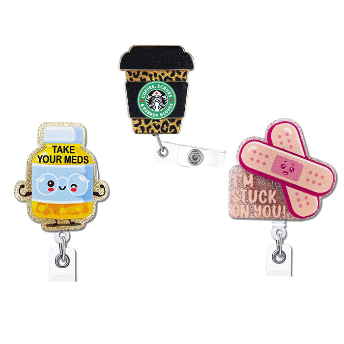 Wholesale Acrylic Coffee Cup Bottle Band-aid Printable Pattern Easy-pull Buckle Telescopic Medical Badge ID Holder JDC-KC-XinH013