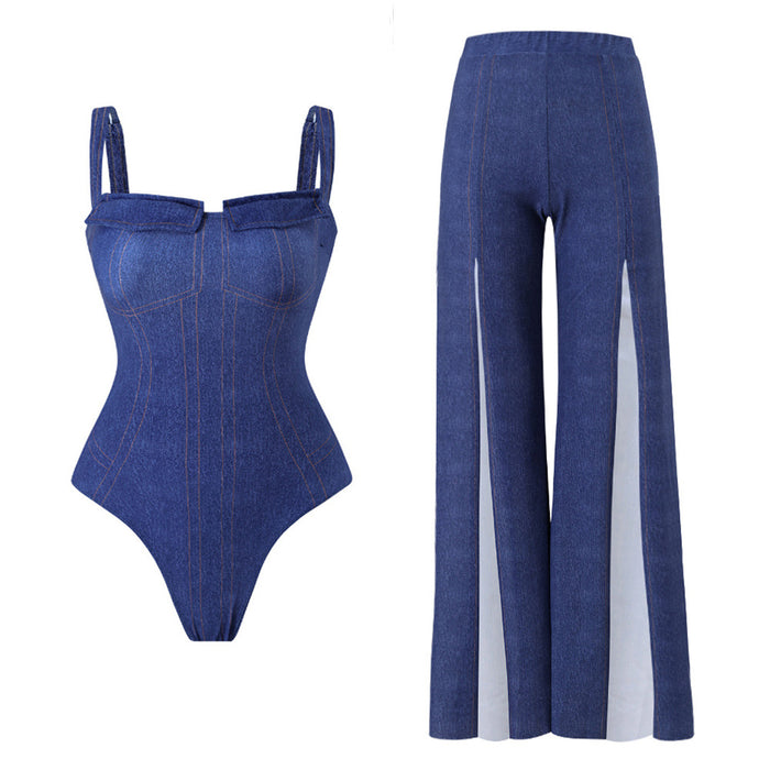 Wholesale New printed one-piece swimsuit with skirt, retro swimsuit two-piece set