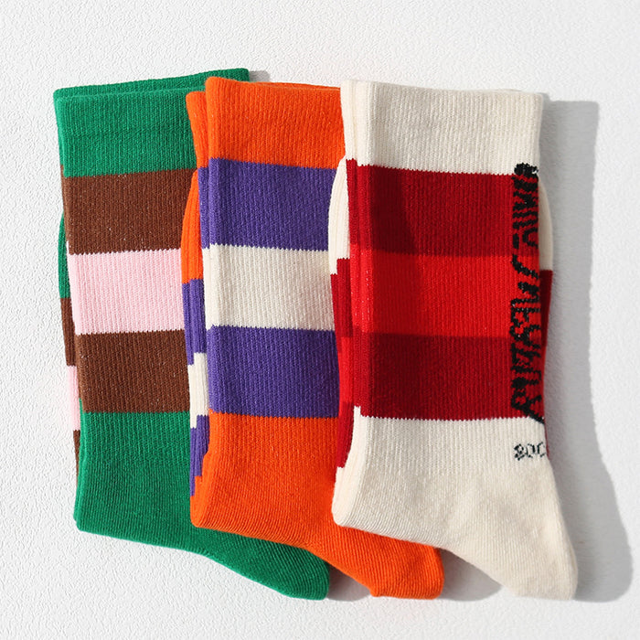 Wholesale Minority men's socks, color blocked striped couple socks, letter street women's socks, mid tube cotton socks