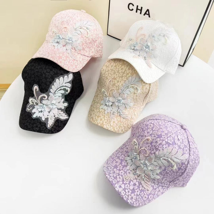 Wholesale Floral baseball cap, lace nail bead flower sunscreen hat, sunshade and breathable