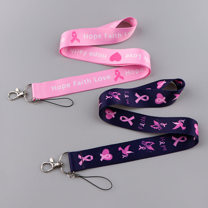 Wholesale Red Ribbon Women' s Health Symbol Mobile Phone Lanyard Key Accessories Polyester Double-Sided Hard Card Holder Keychain
