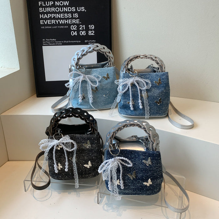 Wholesale Butterfly decoration shoulder crossbody bag, new niche design, drawstring bucket bag
