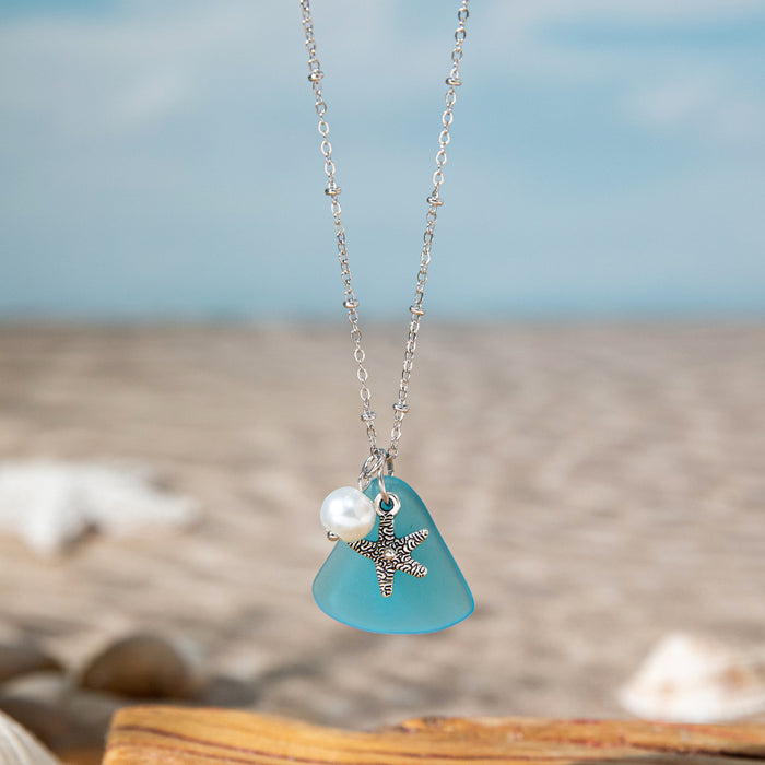 Wholesale Zinc alloy starfish and seashell pendant necklace with glass chain