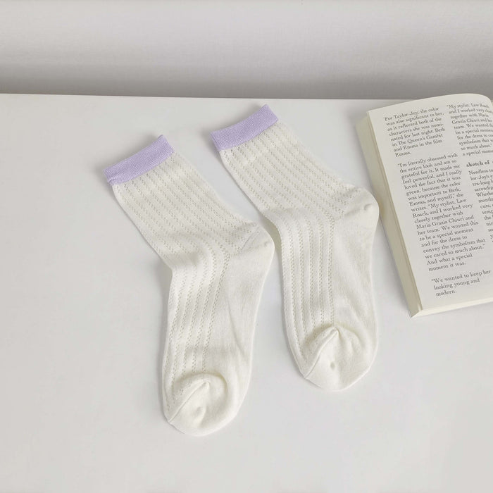 Wholesale Thin breathable cotton socks with hollowed out mesh eyes, tube socks, color blocked pile socks