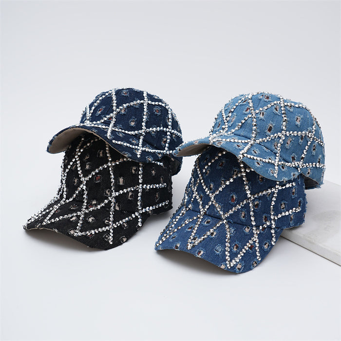 Wholesale Broken hole washed denim cap, dot diamond baseball cap, retro duckbill cap