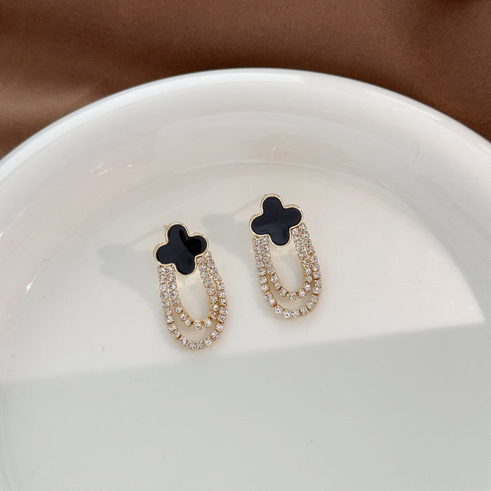 Wholesale Earrings with versatile temperament, diamond studded tassel earrings, four leaf clover earrings, niche
