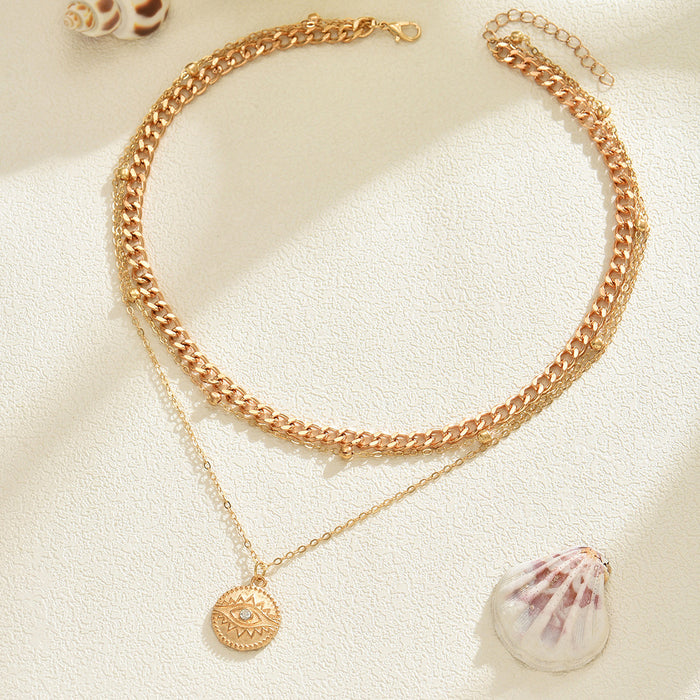 Wholesale Fashion Devil's Eye circular pendant necklace with 3 layers of thick chain, coins inlaid with diamonds, collarbone chain