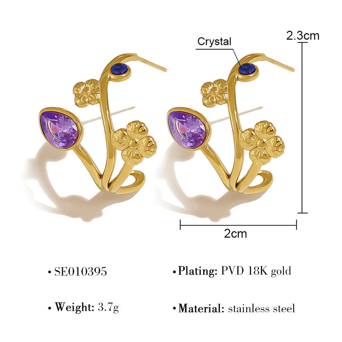 Wholesale Gold titanium steel earrings inlaid with colorful horse eye zircon stainless steel earrings, female hollow leaf C-shaped earrings