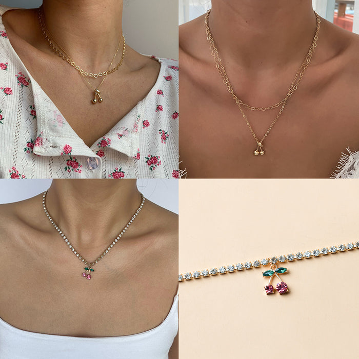 Wholesale New Cute Cherry Alloy Diamond Set Necklace with Versatile Gold Plated Love Pendant Clavicle Chain