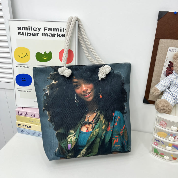 Wholesale Tourist shopping bag Tote bag Printed thick rope large capacity canvas bag Versatile creative handbag
