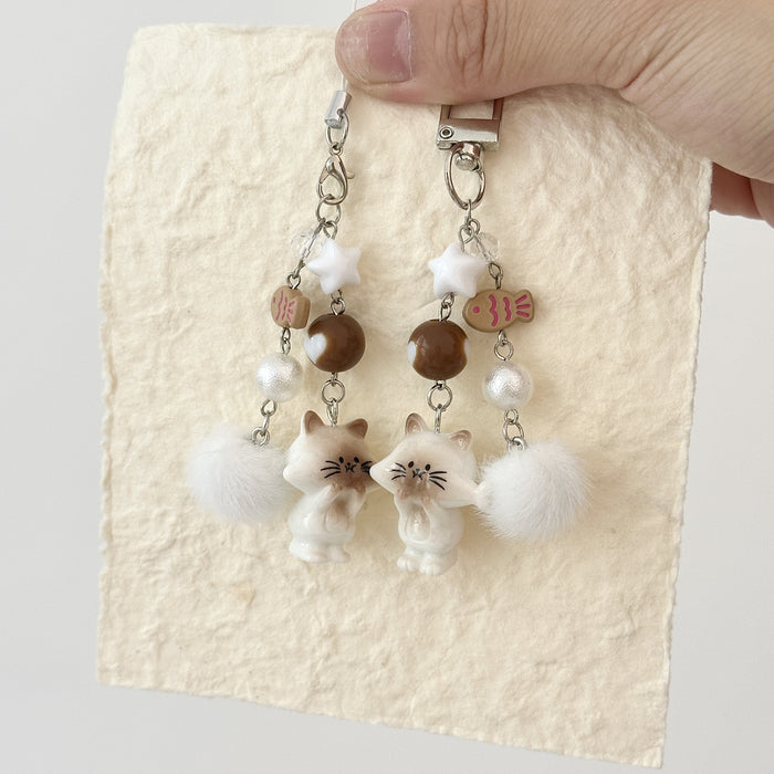 Wholesale Cartoon Loved Cat Keychain Love Hair Ball Beaded Mobile Phone Chain Backpack Hanging