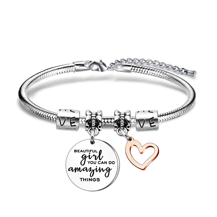 Wholesale Stainless steel chain bracelet with hollowed out heart-shaped circular hanging tag, engraved pendant, diamond inlaid butterfly pendant, stainless steel bracelet