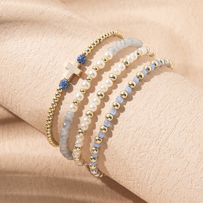 Wholesale Colorful Crystal Elastic Bracelets Ins Style Niche Stacked Cross Bracelet Set