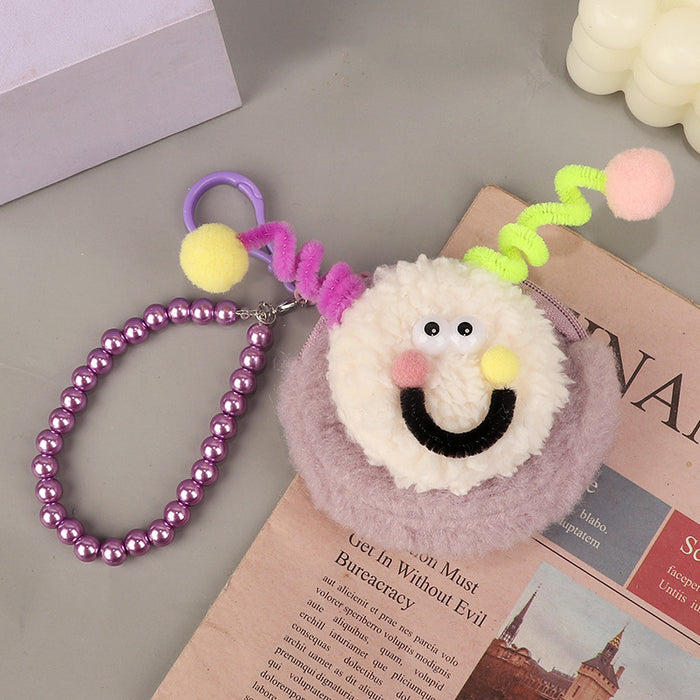 Wholesale Plush Coin Purse Cute Cartoon Round Macaron Pink Bag Charm For Bluetooth Earphones Gift Boutique Street Style