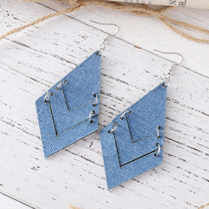 Wholesale Gradient blue denim geometric triple ing earrings Western Bohemian denim leather earrings