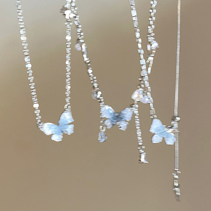 Wholesale Gradient ice crystal pearl butterfly tassel necklace collarbone chain neck chain accessory