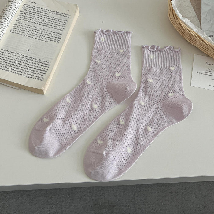 Wholesale New product: Ear fungus edge socks, mid tube socks, cotton socks, thin mesh, hollowed out lace, heart-shaped style, stacked socks