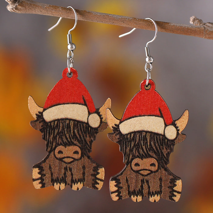 Wholesale Christmas Western Style Christmas Hat Alpine Cow Pendant Earrings Wooden Double-Sided Earrings Christmas Ornaments